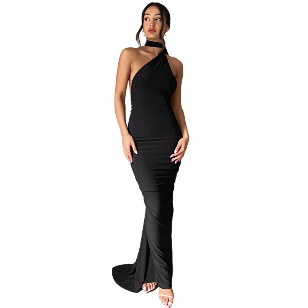 Trendy Deep Back Long Dress Women Chic Stretchy Fabric Cocktail Party Wear