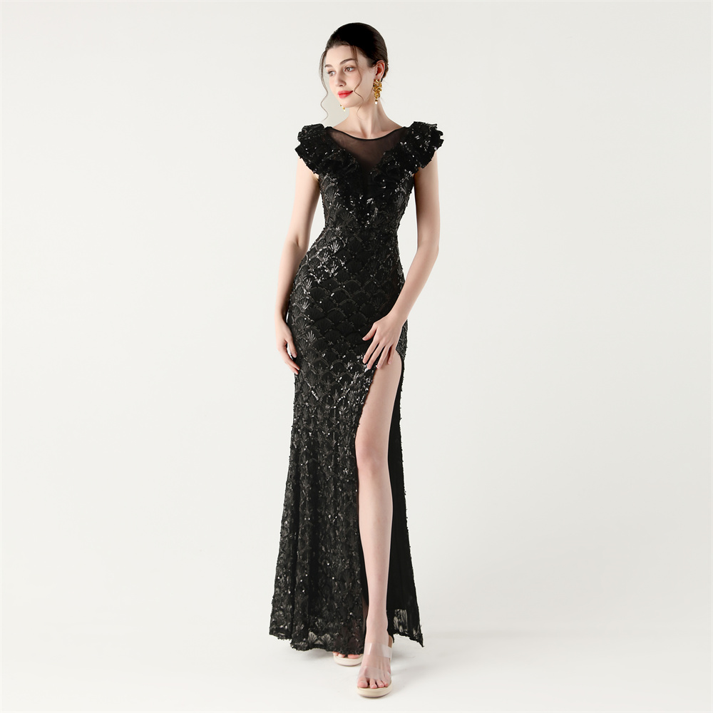 33176# 2025 New Fish Scale Sequin Ruffle Fishtail Slim Evening Dress for Formal Occasions and Banquets