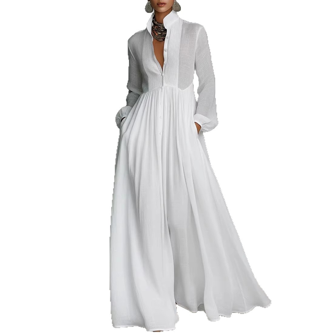 2026 Cross-border Spring/Summer New Elegant Waist-Cinching Figure-Flattering Long-Sleeve Pleated White One-Piece Cashmere Dress