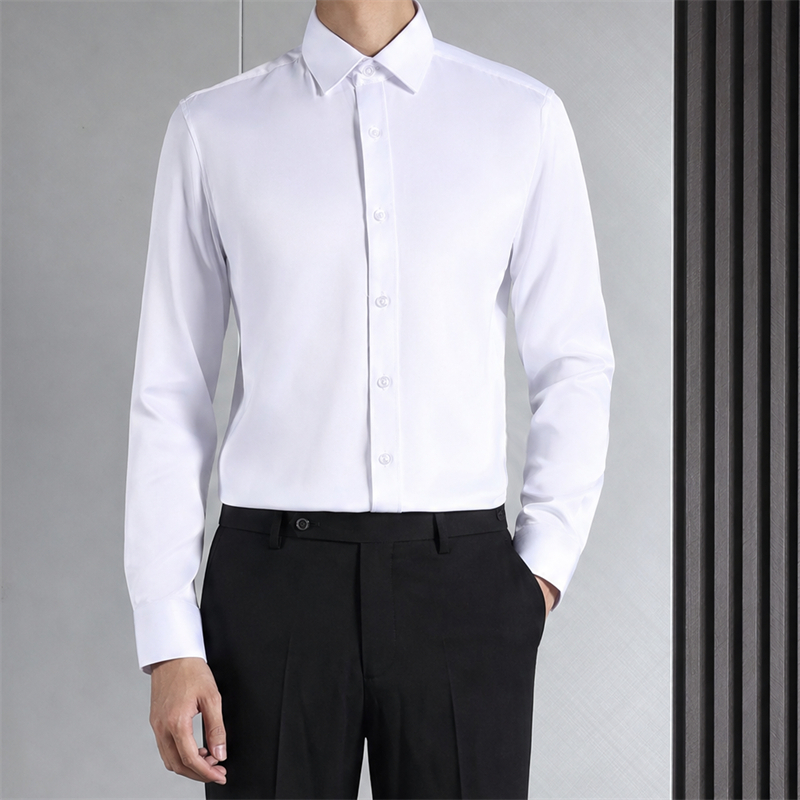 Men White Long Sleeve Dress Shirt Business Casual Slim Fit Formal Office Wedding Spring Summer Solid Color Luxury Wholesale Tops