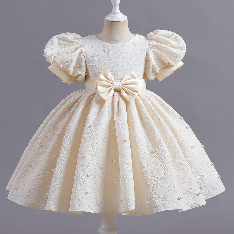 Girls' Formal Dress with Bubble Sleeves Short Princess Dress Bow Tie Small Host Dress