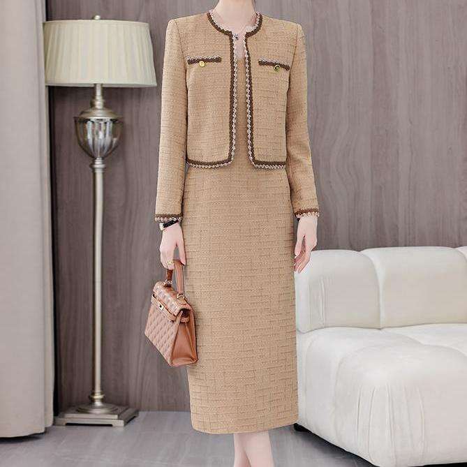 OEM Spring 100% Polyester Woven V-neck Full Sleeve Tweed Blazer Midi Solid Button Women's Casual Two-piece Sets Spring