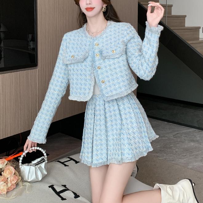 Autumn Casual Two Piece Set For Women Custom Pure Polyester Crew Neck Button Blazer Mini Pleated Skirt Solid Pink Tweed Suits