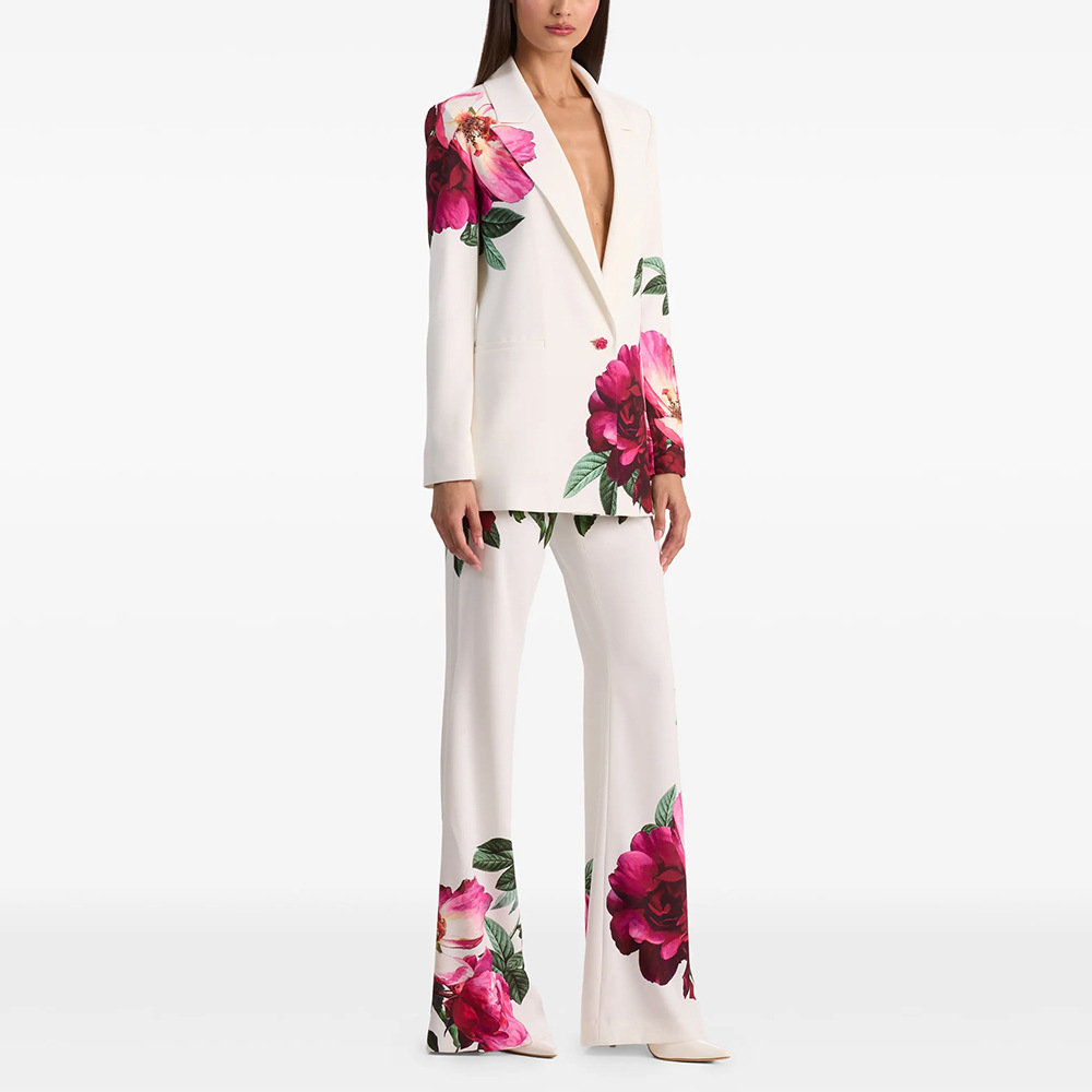 Oem Wholesale White Floral Print Blazer and Wide Leg Pants Two Piece Set Formal Business Party Suit for Women