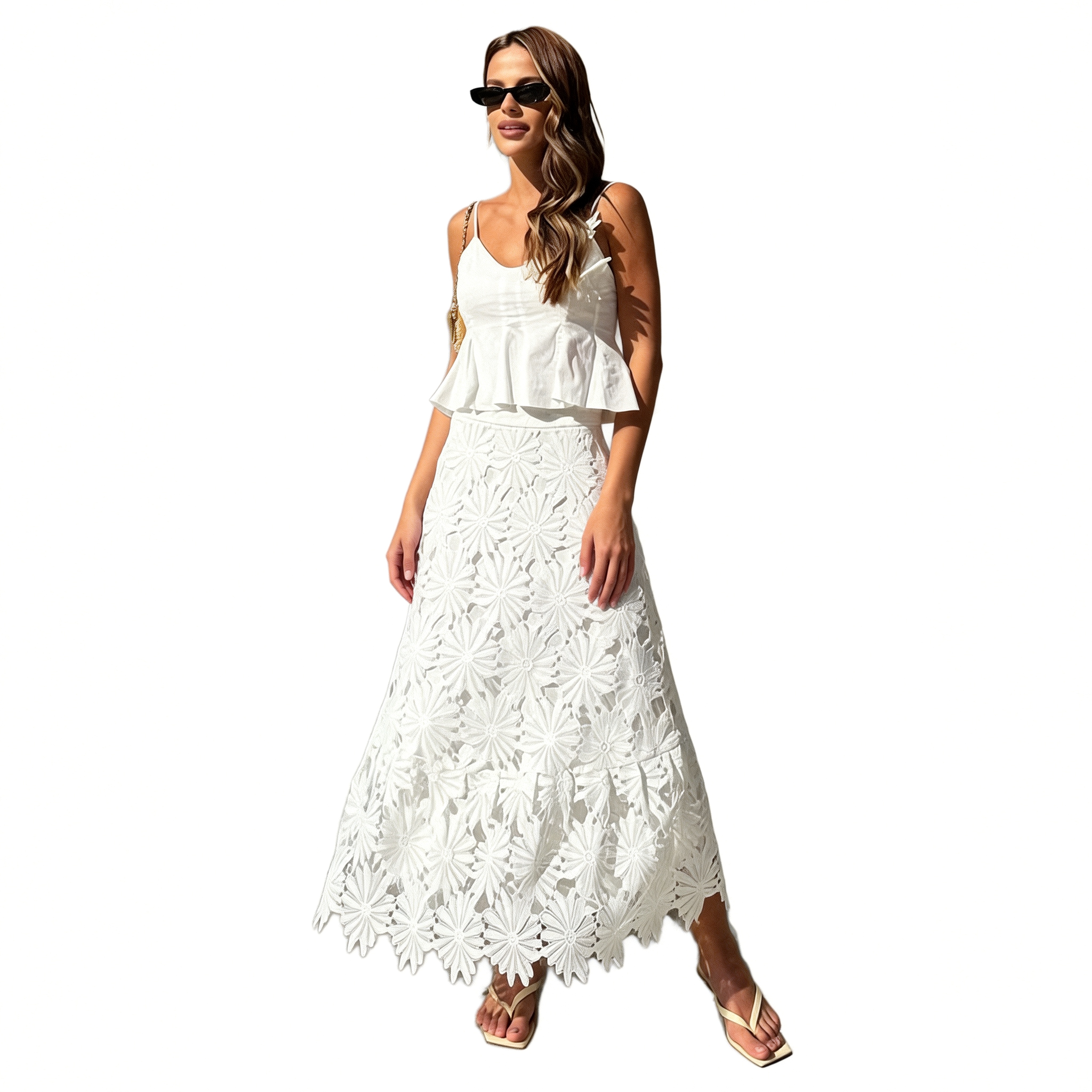 2026 Spring New Bohemian Niche Style Hollow-out Women's Elegant Spaghetti Strap Ruffle 3D Floral Applique Skirt Two-Piece Set