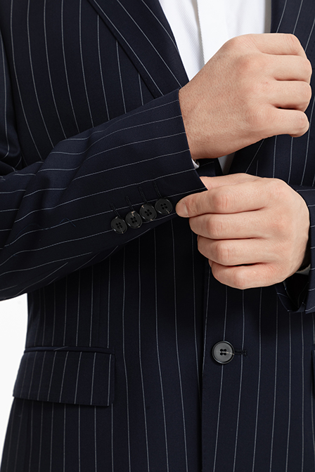 Hot Sale Navy Blue Striped Wool Polyester Men's Formal Office Suits Two-Button Plus Size Wedding Groom Working Pants
