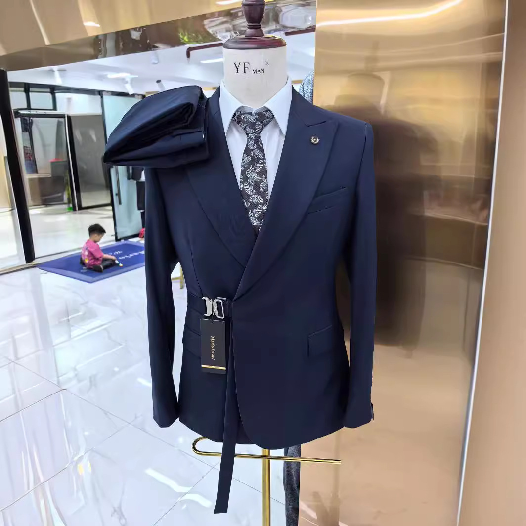 S036N 2025 Men's Handsome 2-Piece Set Casual Wedding Host Suit Zipper Fly Pants Button Winter Business Apparel Summer