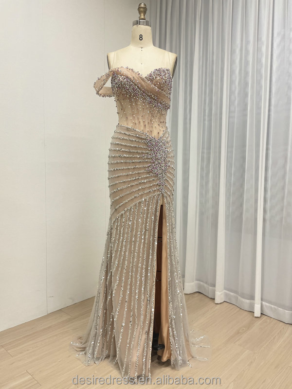 MB40396B Glamorous Sheer Gown with Crystal Beaded Details Sexy High Slit Dresses Perfect for Party Prom Formal Red Carpet Events