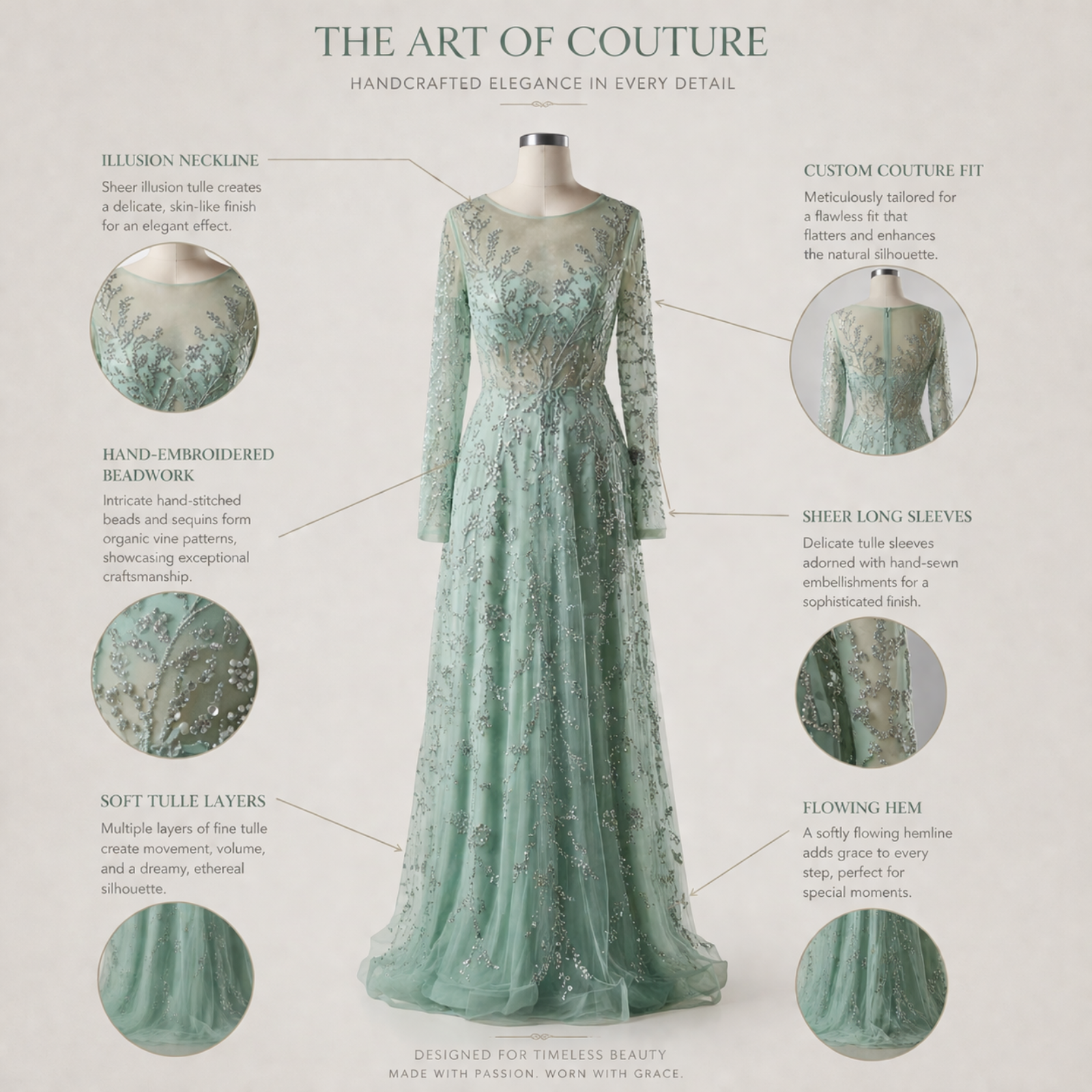 Luxury Modern Long Sleeve Embroidered Sequin Tulle A-Line Evening Gown | Natural Waist Women's Formal Wear Designer 2026 New