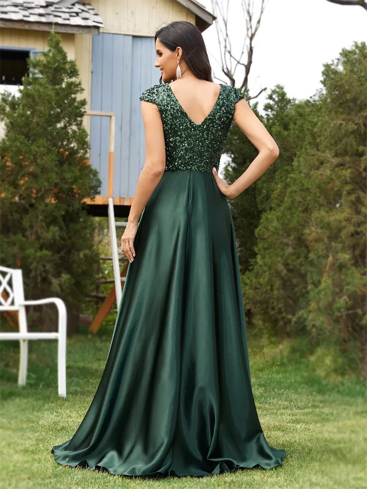New Sequin V-Neck Satin A-Line Evening Party Dress for Women, Elegant Long Gown