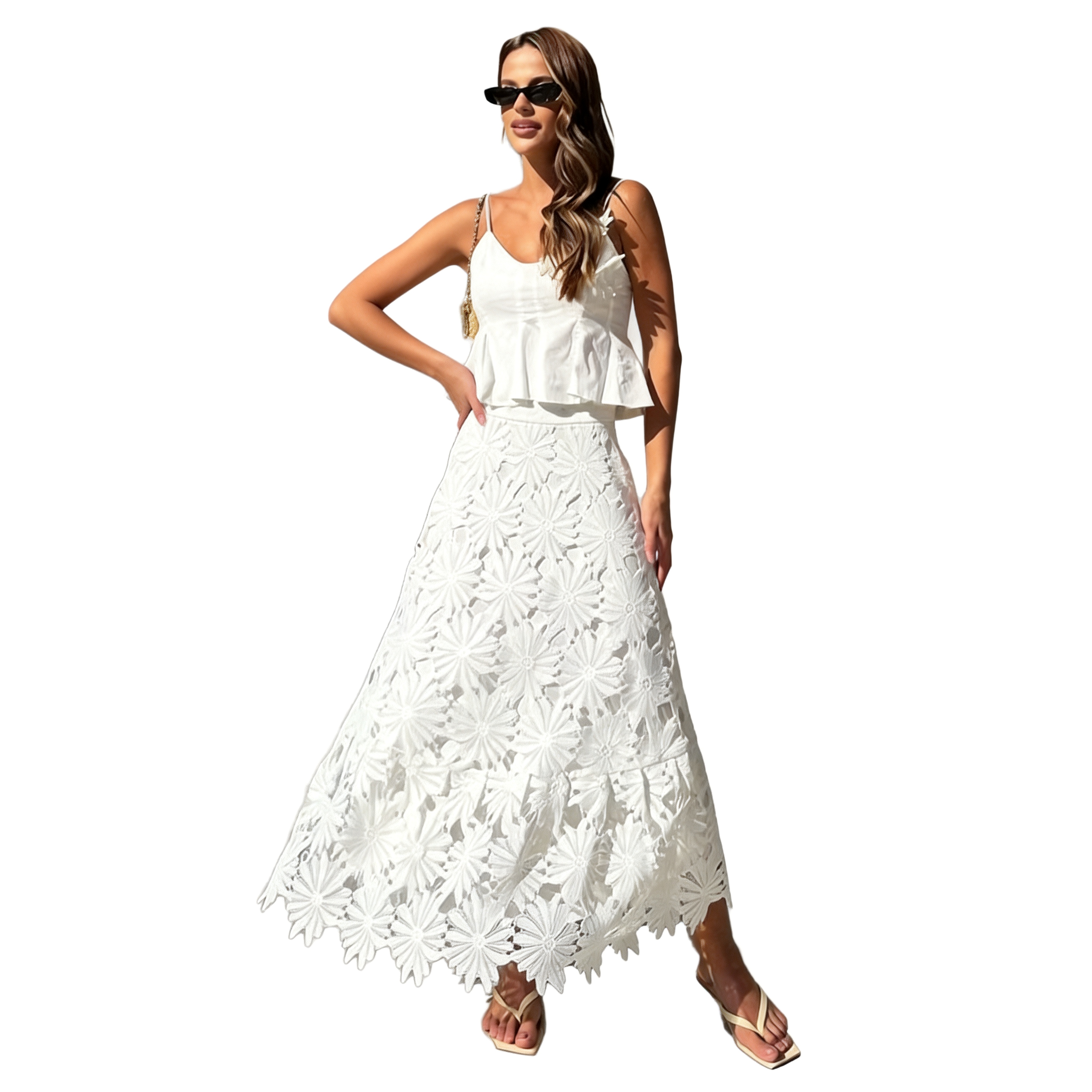2026 Spring New Bohemian Niche Style Hollow-out Women's Elegant Spaghetti Strap Ruffle 3D Floral Applique Skirt Two-Piece Set