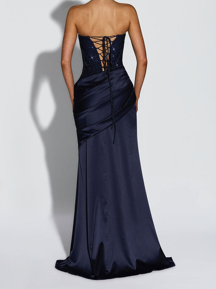 CustomLuxury Sequin Satin Mermaid Dress with Lace up Back Design Strapless Evening Gown for Elegant Party and Red Carpet Wear