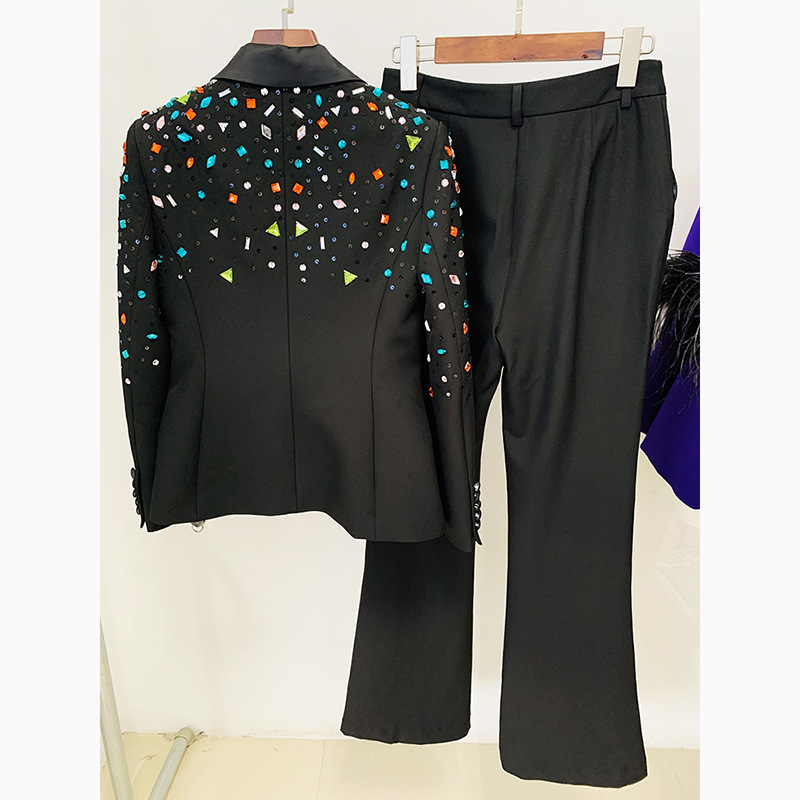 SR2211 Kimshein Formal Suit Office Lady Elegant Women Two Piece Set Long Rhinestone Party Pant Suit for Women