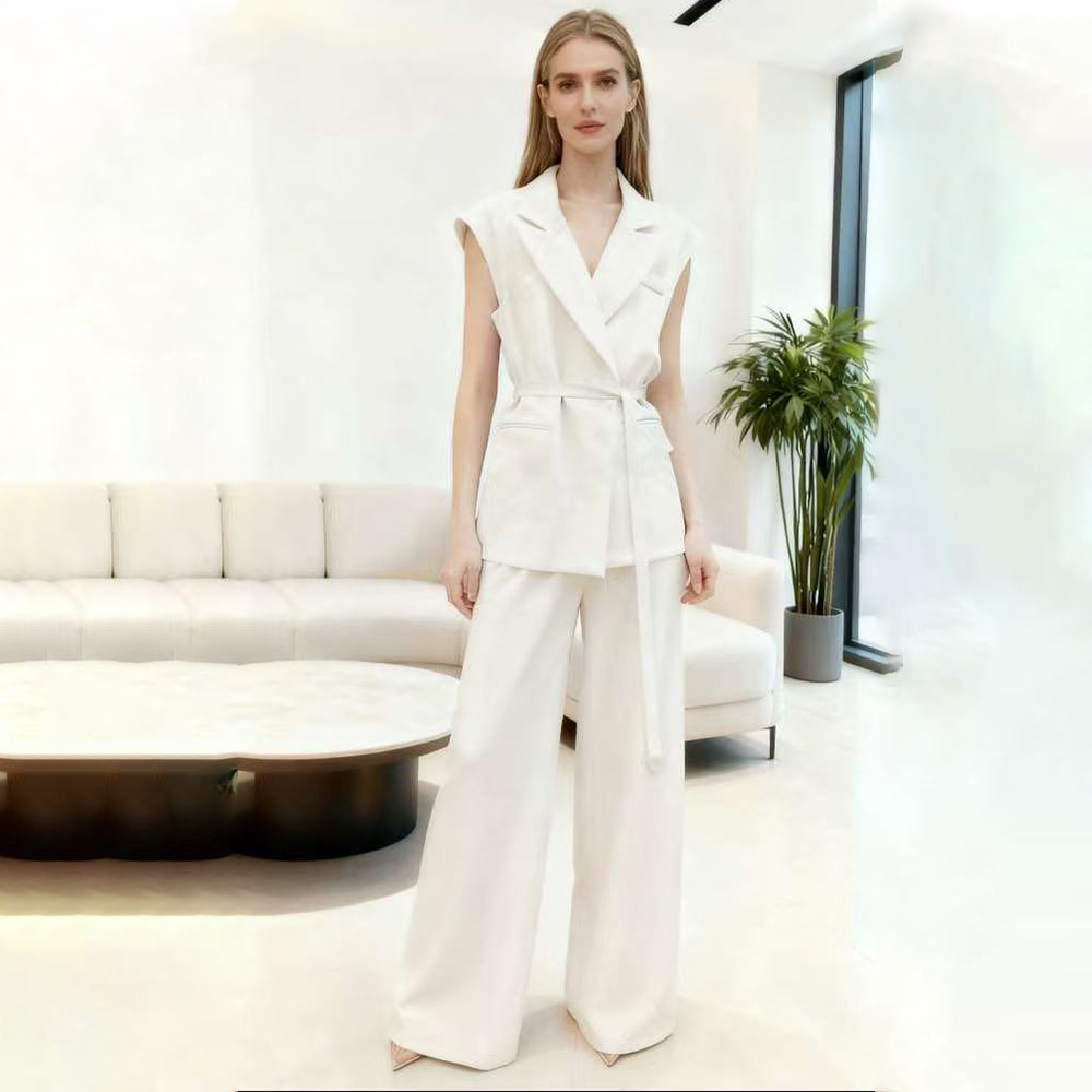 Women's Summer Two-piece Set 2025 Cap Sleeve V-neck blazer Vest Wide-leg Pants Suit Formal