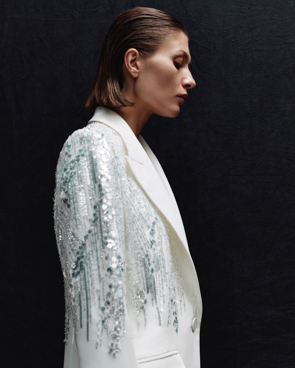 Women White Minimalist Style Blazer Suits Party Garment Long Sleeve Silver Sequined Embroidery Flare Pants Two Piece Set Outfits