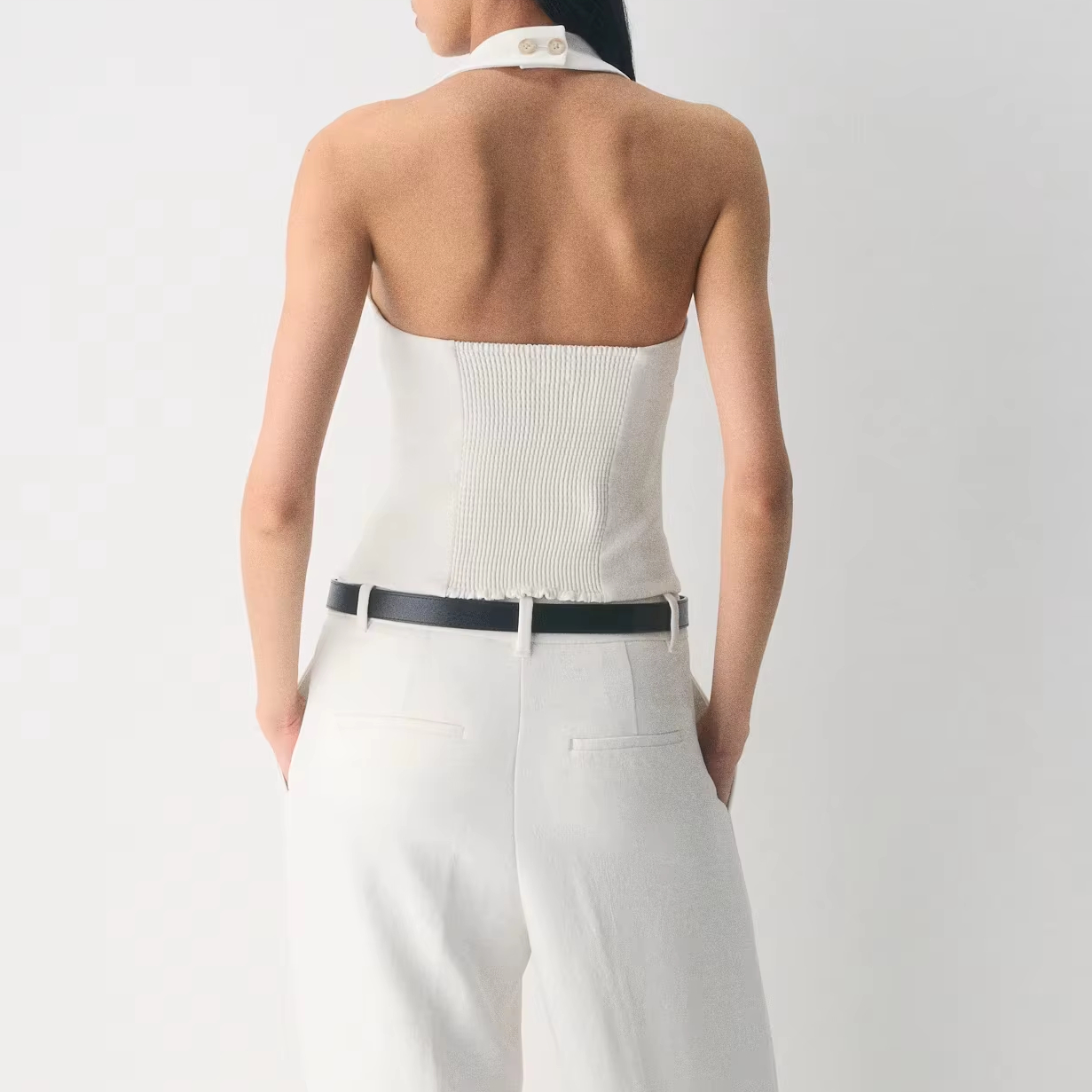 Elegant White Halter Neck Square Fitted Sleeveless Crop Top-Minimalist Formal Office &amp; Evening Wear