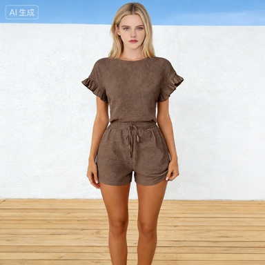 Brown Ruffle Short Sleeve Top and Drawstring Shorts Set - Chic Women's Summer Casual Wear