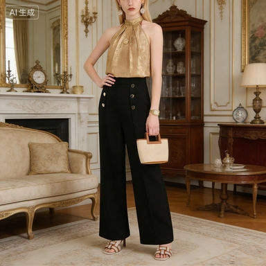 Women's Gold Halter Top and High-Waisted Wide-Leg Trousers Set - Elegant Party or Office Wear