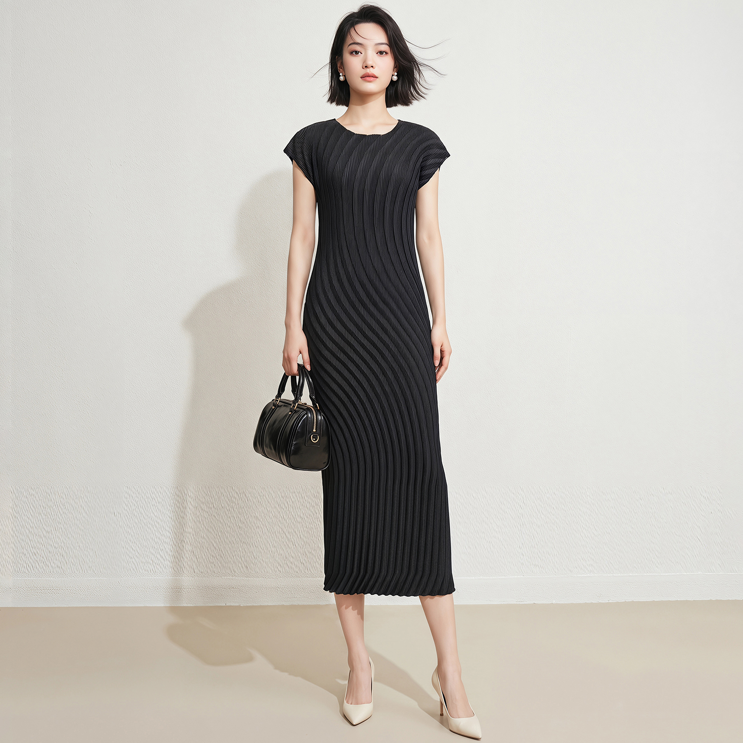 In Stock Vintage Elegant Minimalist Wave Pleat Slim Fit Office Women's Crepe Wrinkle-Free One Size Miyake Straight Midi Dress
