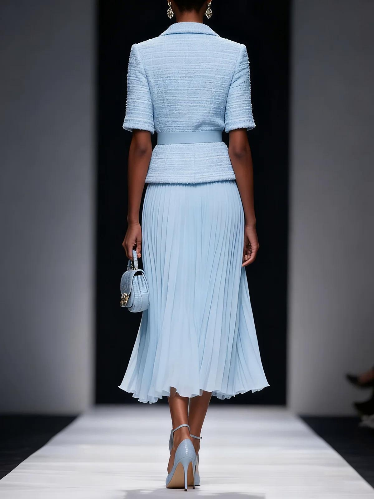 Customization Women Light Blue Eco-Friendly Formal Solid Pleated Buckle Lapel Collar Short Sleeve Dressy Blazer Skirt Set