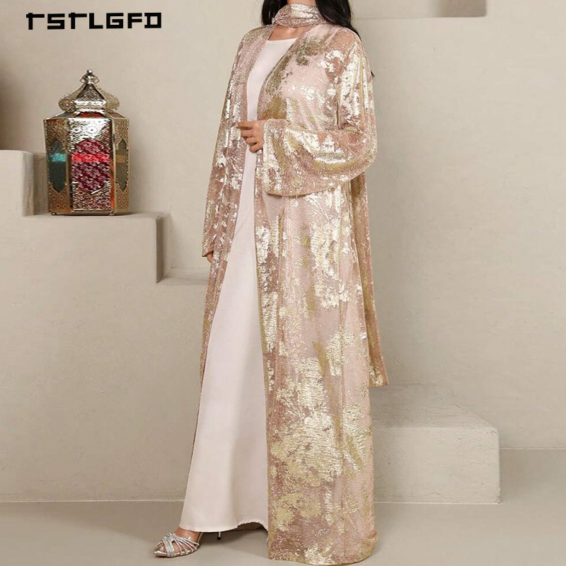 Women Black Chiffon Abaya Rhinestone Gold Floral Lace Applique Flared Bell Sleeve Self-Tie Waist Modest Luxury Evening Dress