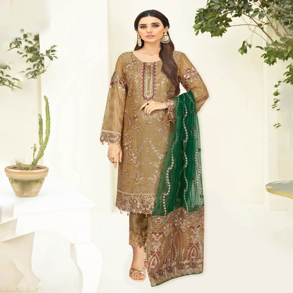 Ramsha NAYAB Luxury 3-Piece Embroidery Modern Lightweight Pakistani Branded Chiffon Floor-Length Sari Set Original Formal Party