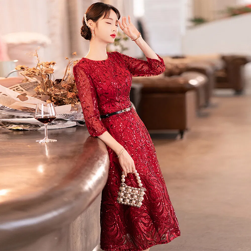 Chic Fashionable Mob Dress Wedding Guest MIDI Length Classy Banquet Outfit 2
