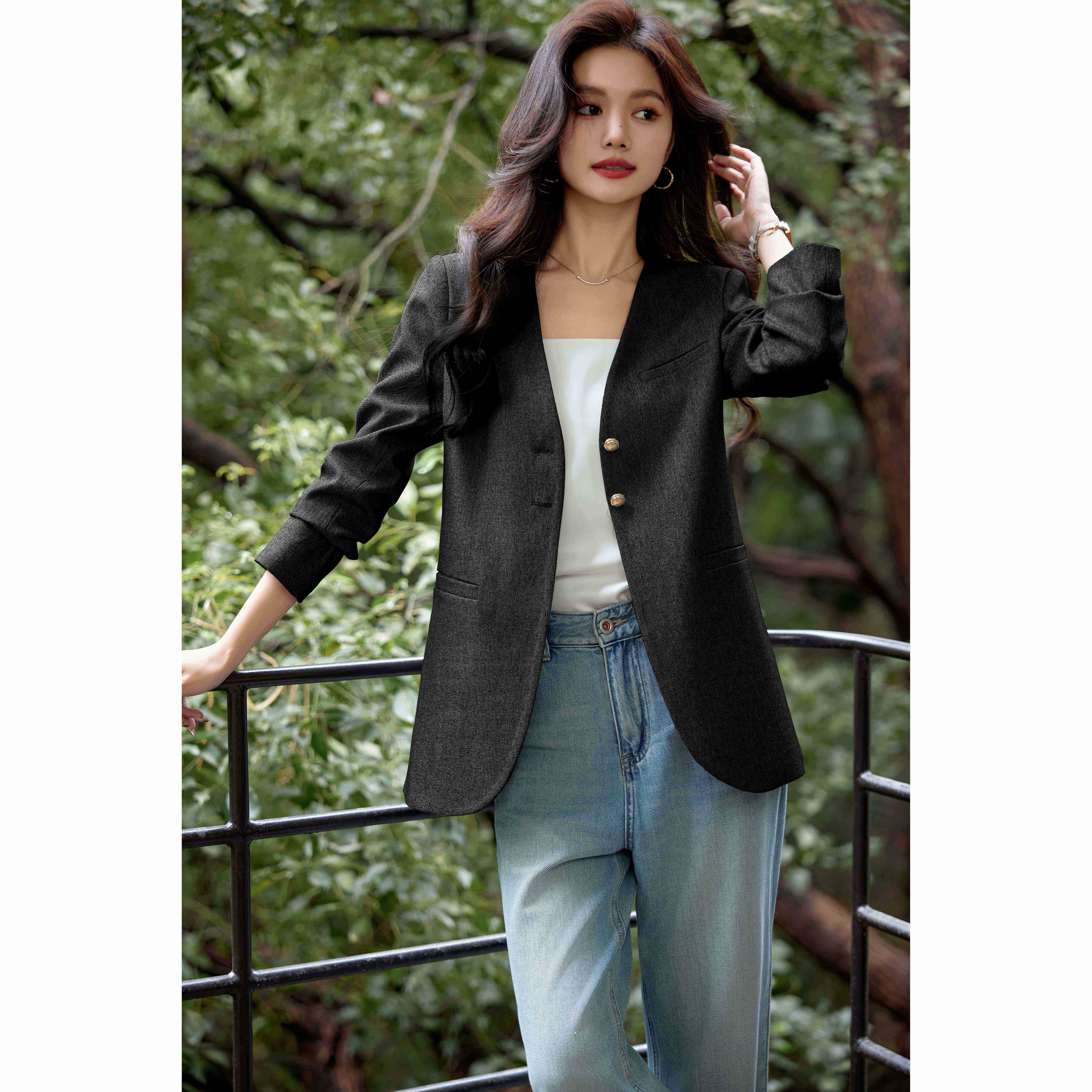 MIER XW1261 Formal Single Breasted Button Solid Woven Anti-Wrinkle Hand Embroidery Spandex/Polyester V-neck Full Sleeve Women