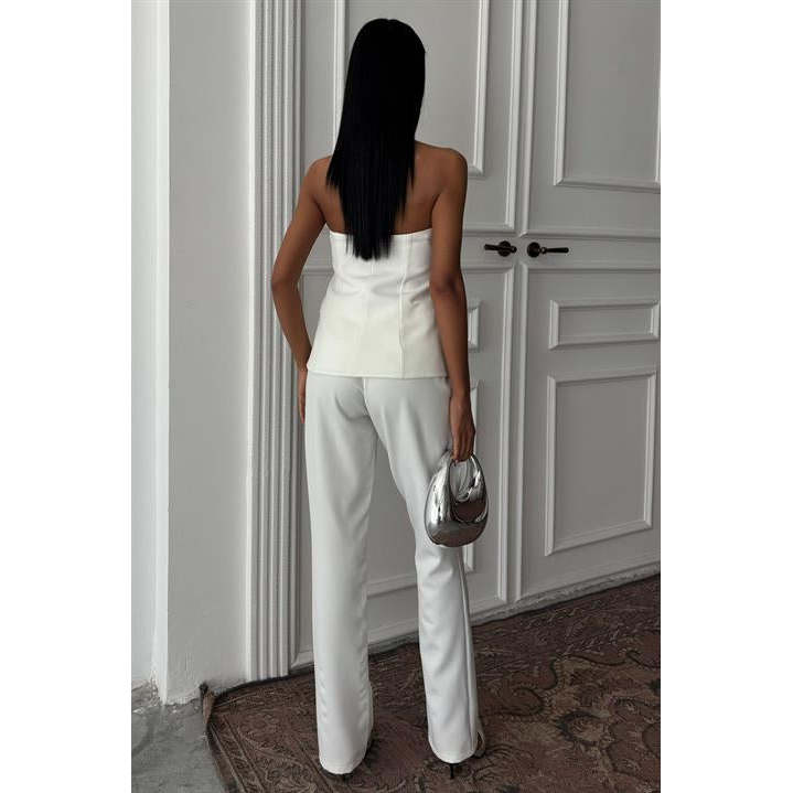 Sobe Women's ECRU Satin Suit Set Two Piece Blazer Pants Formal Wear with Needle Detection Model 10024
