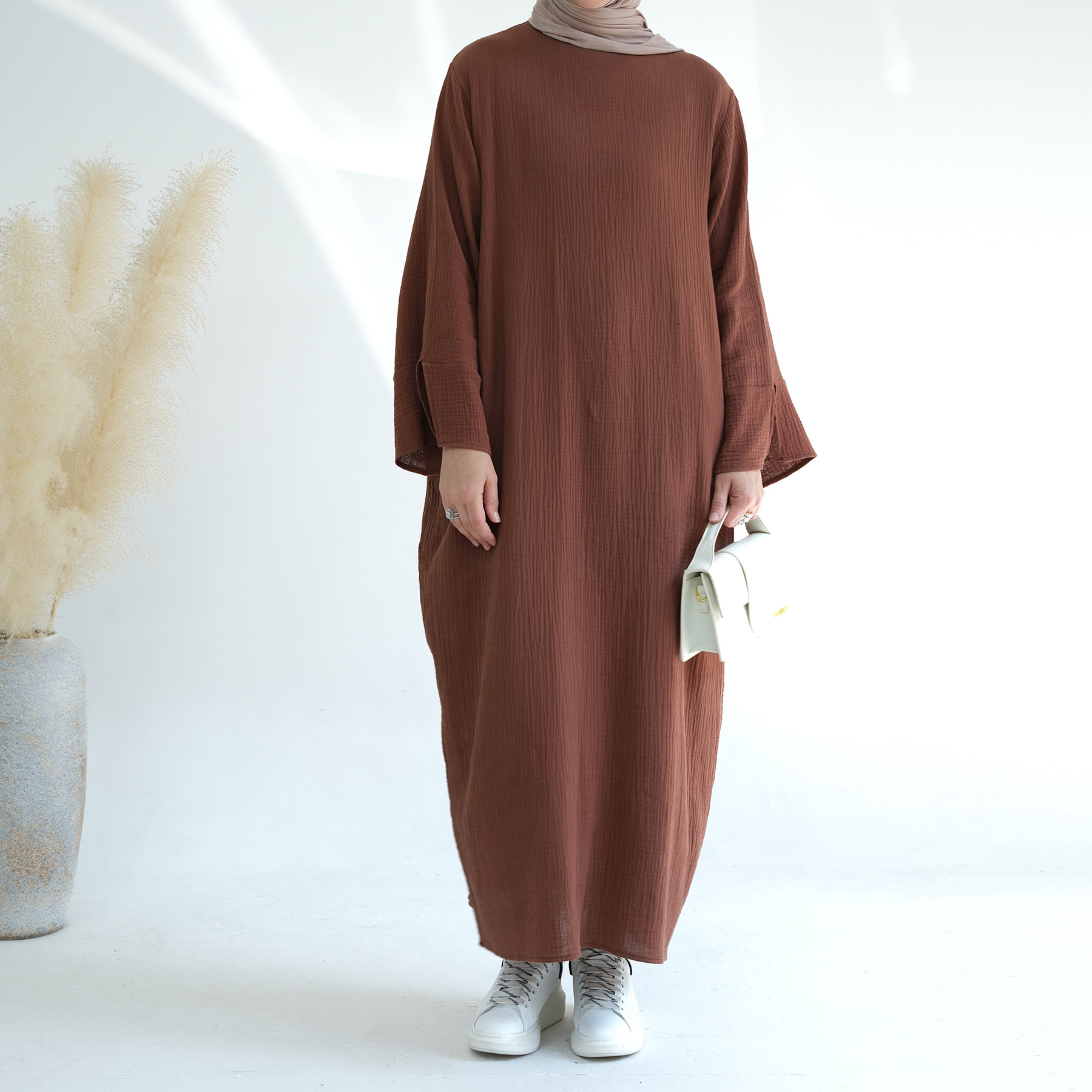 Pure Color Slit Cuff O Neck Crepe Cotton Fabric Muslim Woman Winter Autumn Modest Abaya on Sale