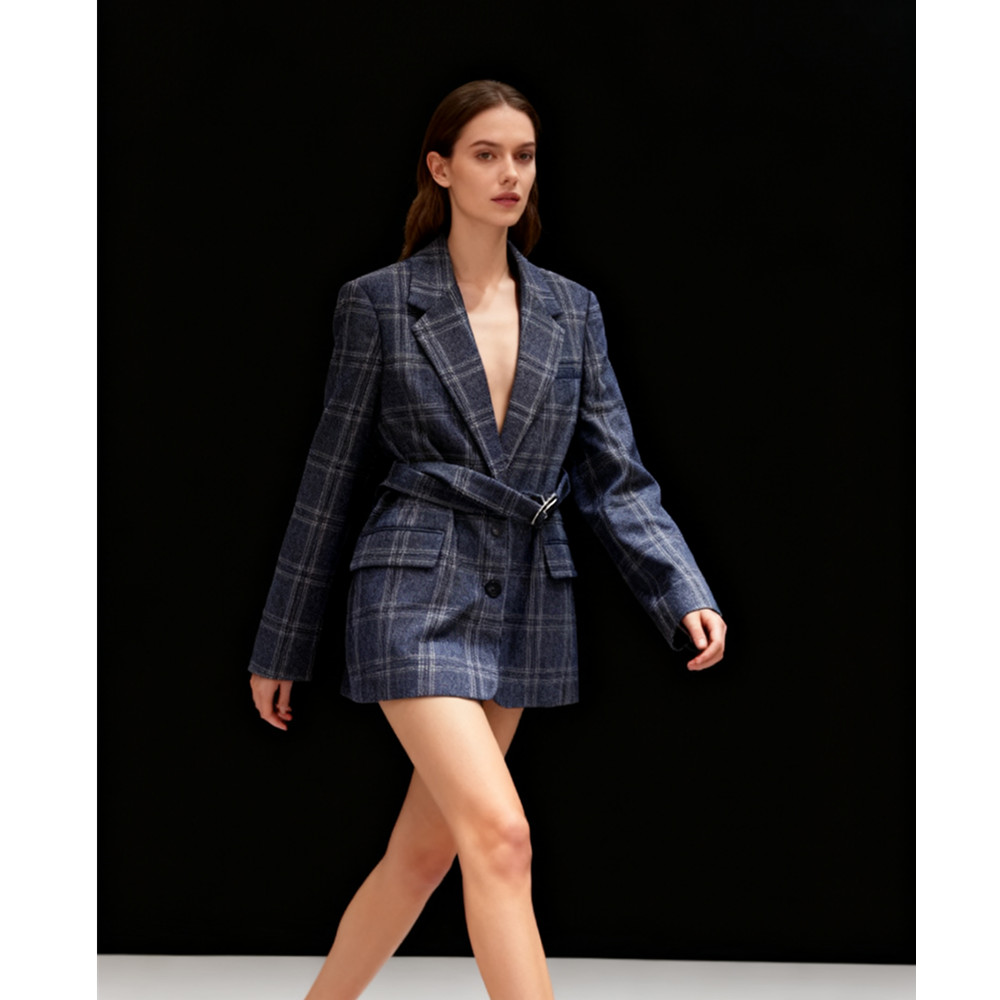 Customizable Formal Waist Cinched Women's 2-Piece Long Plaid Worsted Blazer Suit with Skinny Fit Eco-Friendly &amp; Breathable