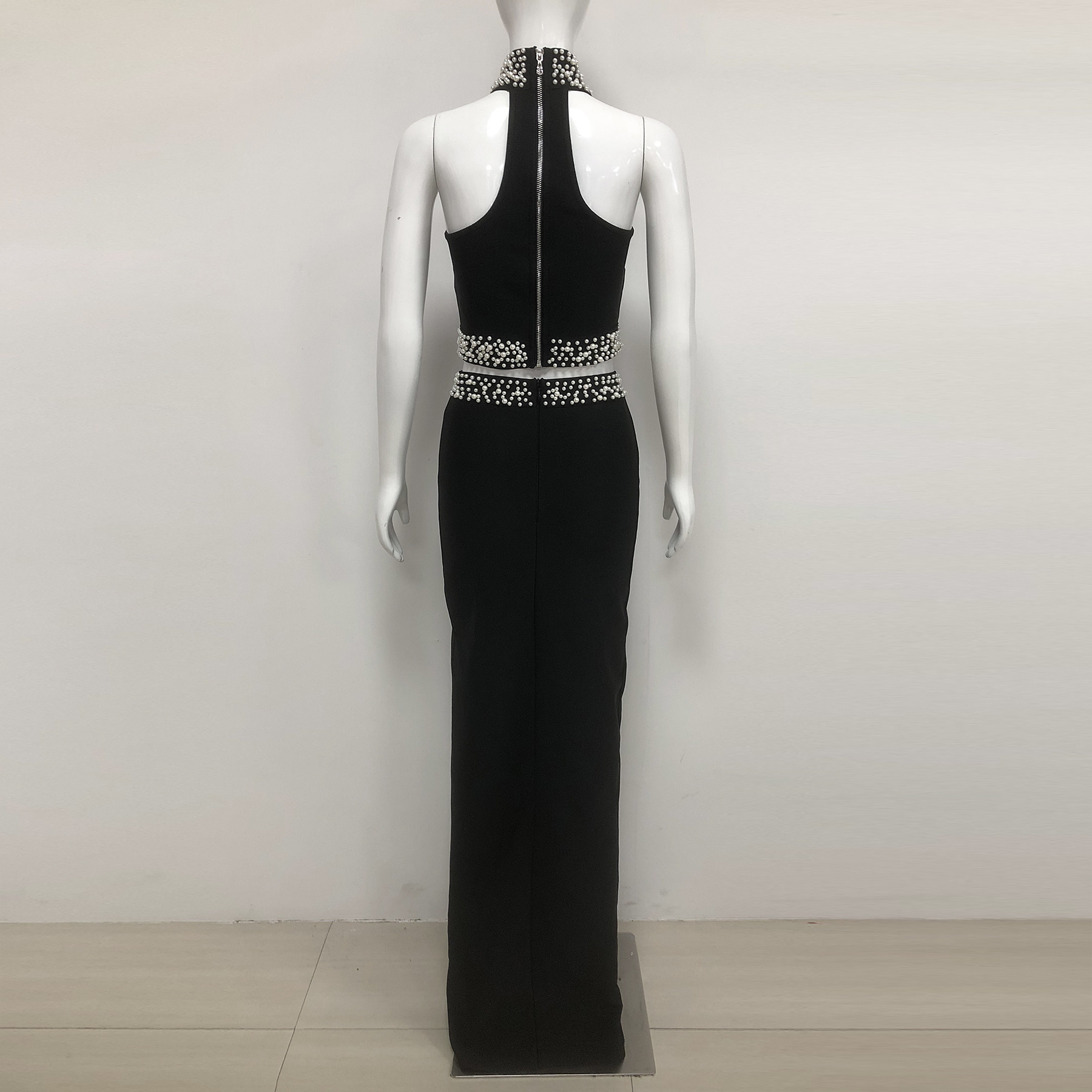 OEM Women Garment Producing Factory Elegant Black High Slit Skirt Top Set Women's Party Wear Formal Two Piece Bandage Set