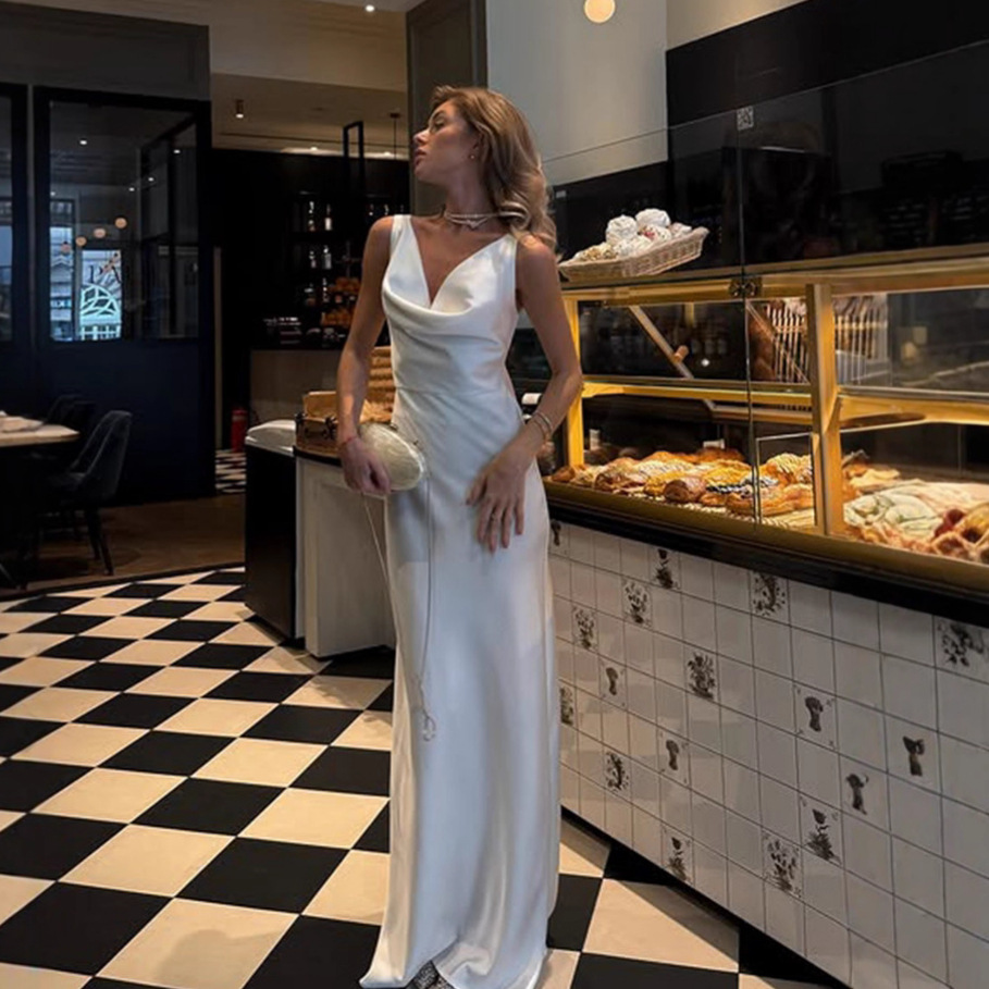 Minimalist White Satin Cowl Neck Formal Maxi Dress &amp; FTS 1688 Low MOQ Sourcing Service with Low Commission