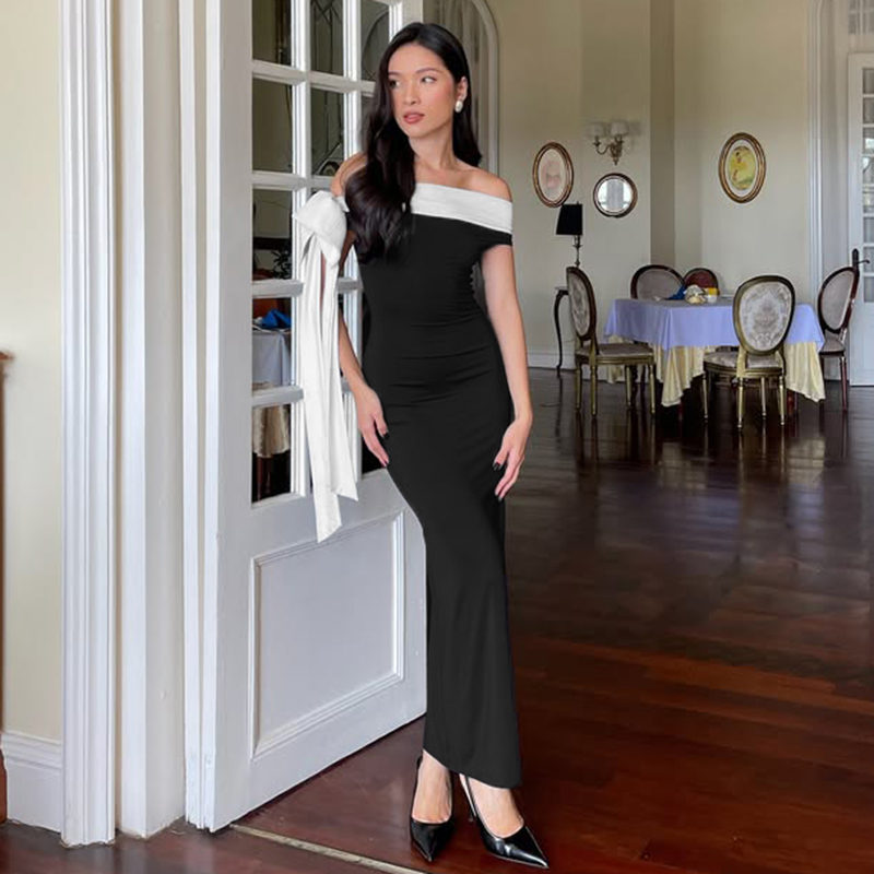 Minimalism Color blocking Ribbon bow off-shoulder fitted floor-length dress sexy elegant formal dress