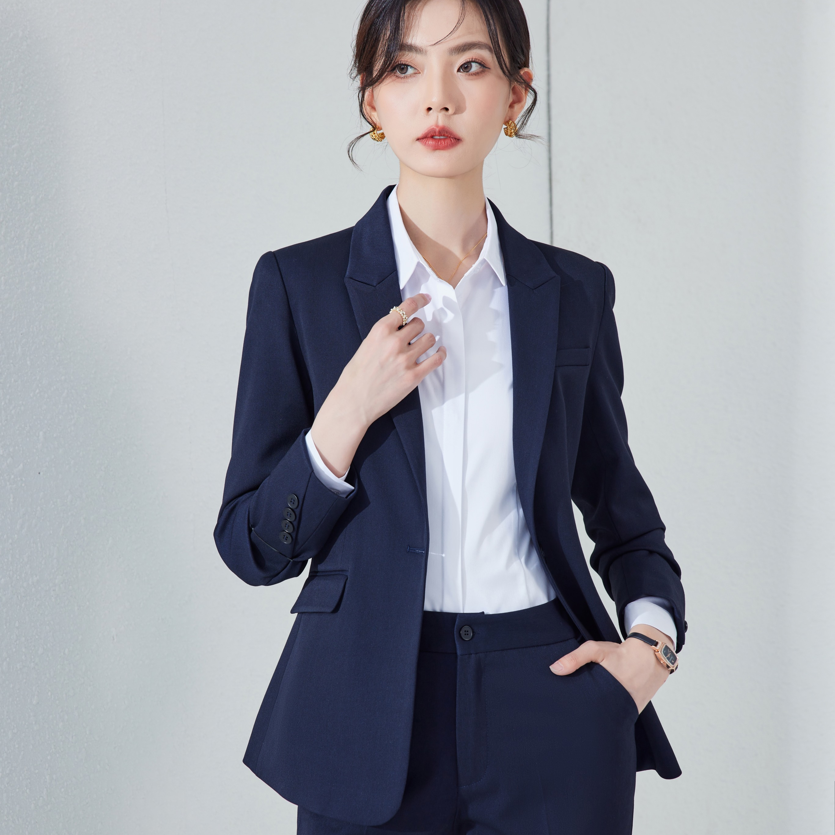Durable Non-IronHigh Durability Work Women's Formal Office Business Suit Jacket &amp; Long Pants Set Button Decorated Church Uniform
