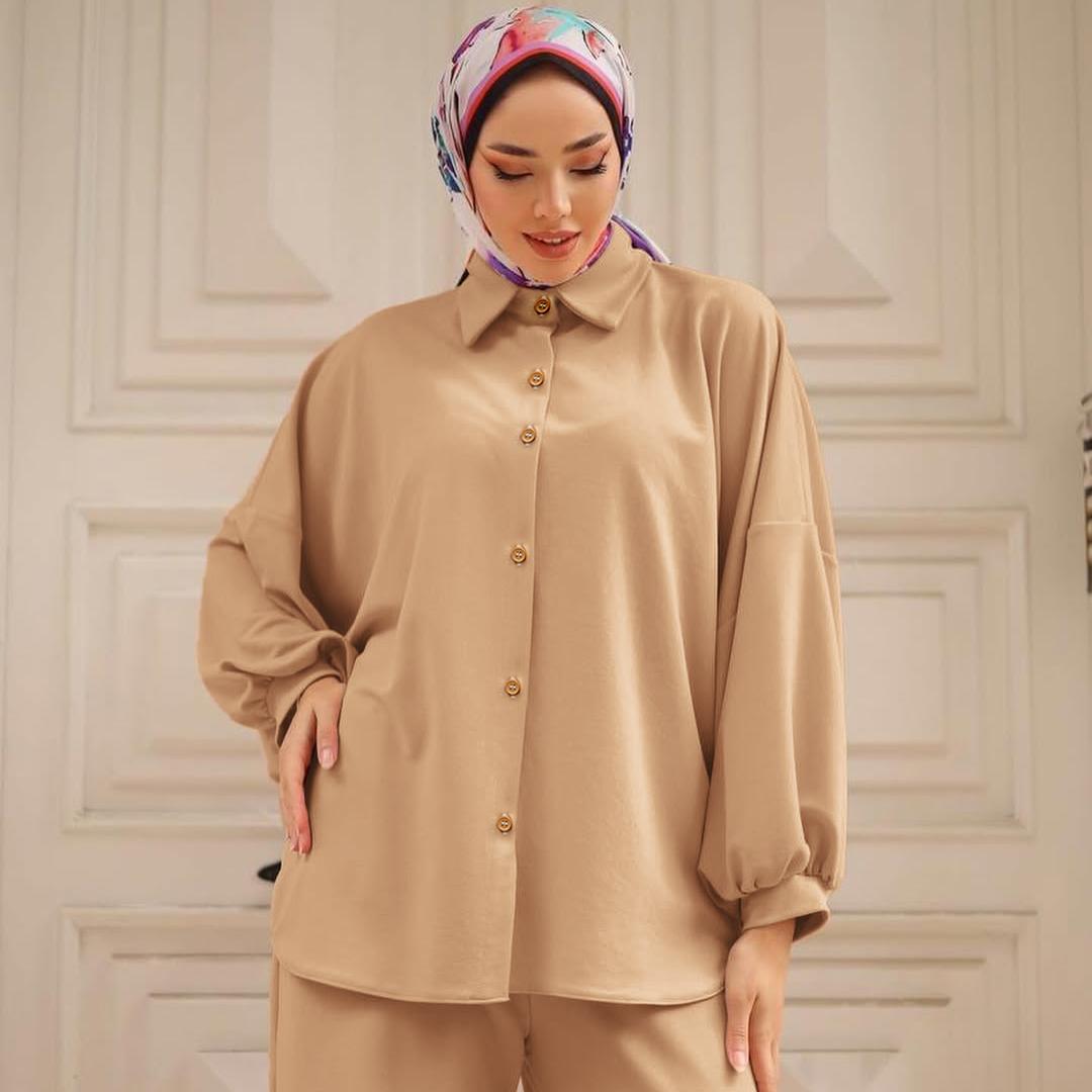 2025Ladies 2 Piece Pleated Cotton Set/suit of Waves Solid Color Office Wear Sets for Modest Muslim Women Suits With Pants