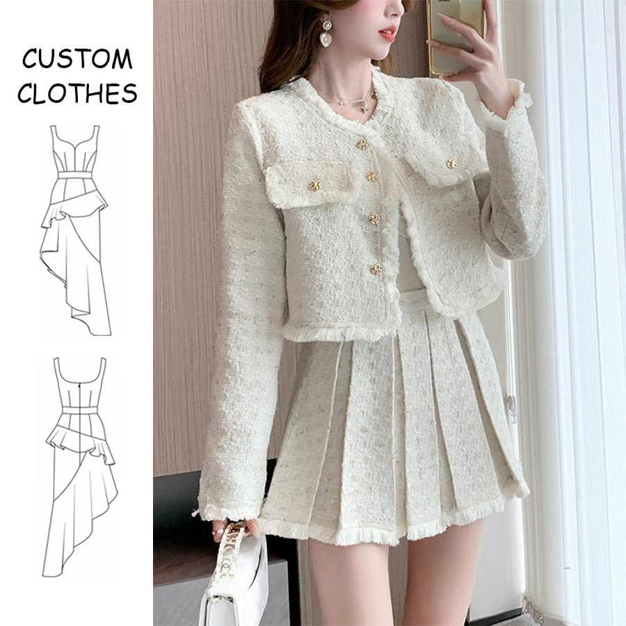 Casual Autumn Solid Color Crew Neck Button Blazer Mini Pleated Skirt New Luxury Tweed Suit Elegant Two Piece Set For Women Tweed