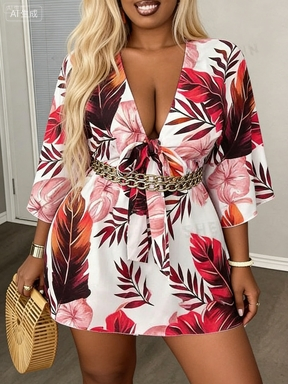 Tropical Leaf Print Deep V-Neck Tie Waist Mini Dress - Chic Summer Boho Beachwear for Women