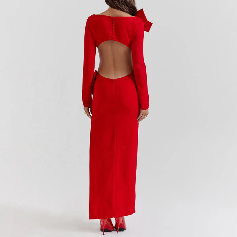 GS Elegant Red Bow Maxi Dress - Eye-Catching Formal Attire for Red Carpet Events