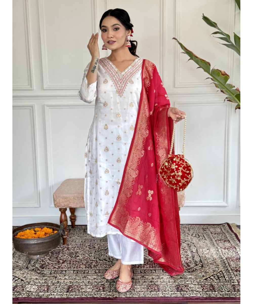 Cheap Wholesale Embroidered Organza Modest Simple Floor-Length Dress Women Formal Sharara Gharara Style Three Piece Suit Natural