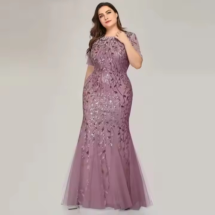 Women Elegant Party Prom Gowns Short Sleeve Beaded Leaves Pattern Formal 2025 Plus Size Sequin Mesh Mermaid Slim Evening Dress