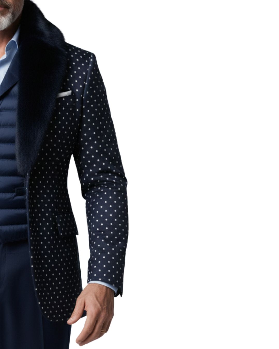 Mens Navy Blue White Polka Dot Fur Shawl Collar Blazer Jacket Luxury Winter Fashion Formal Wear Stylish Premium Designer Coat