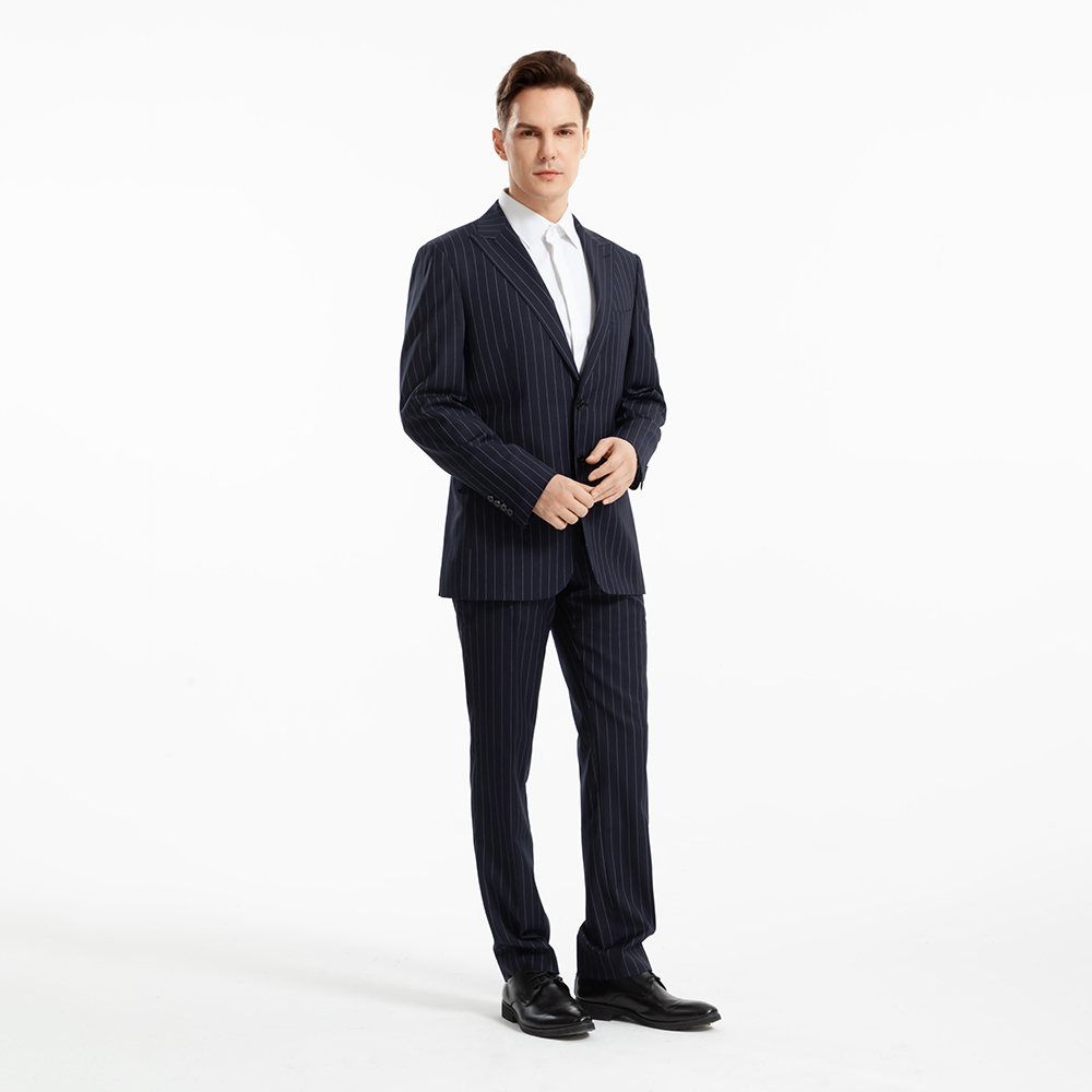 Hot Sale Navy Blue Striped Wool Polyester Men's Formal Office Suits Two-Button Plus Size Wedding Groom Working Pants
