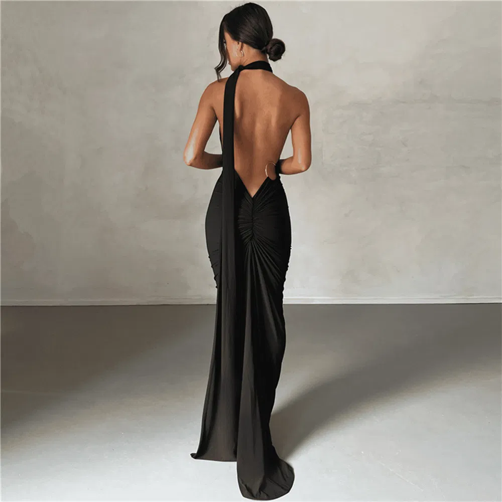 Trendy Deep Back Long Dress Women Chic Stretchy Fabric Cocktail Party Wear