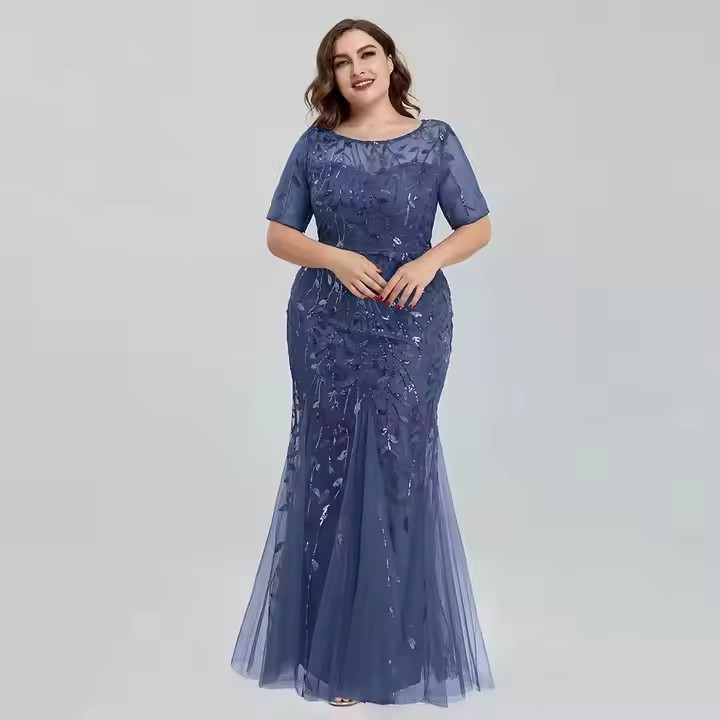 Women Elegant Party Prom Gowns Short Sleeve Beaded Leaves Pattern Formal 2025 Plus Size Sequin Mesh Mermaid Slim Evening Dress