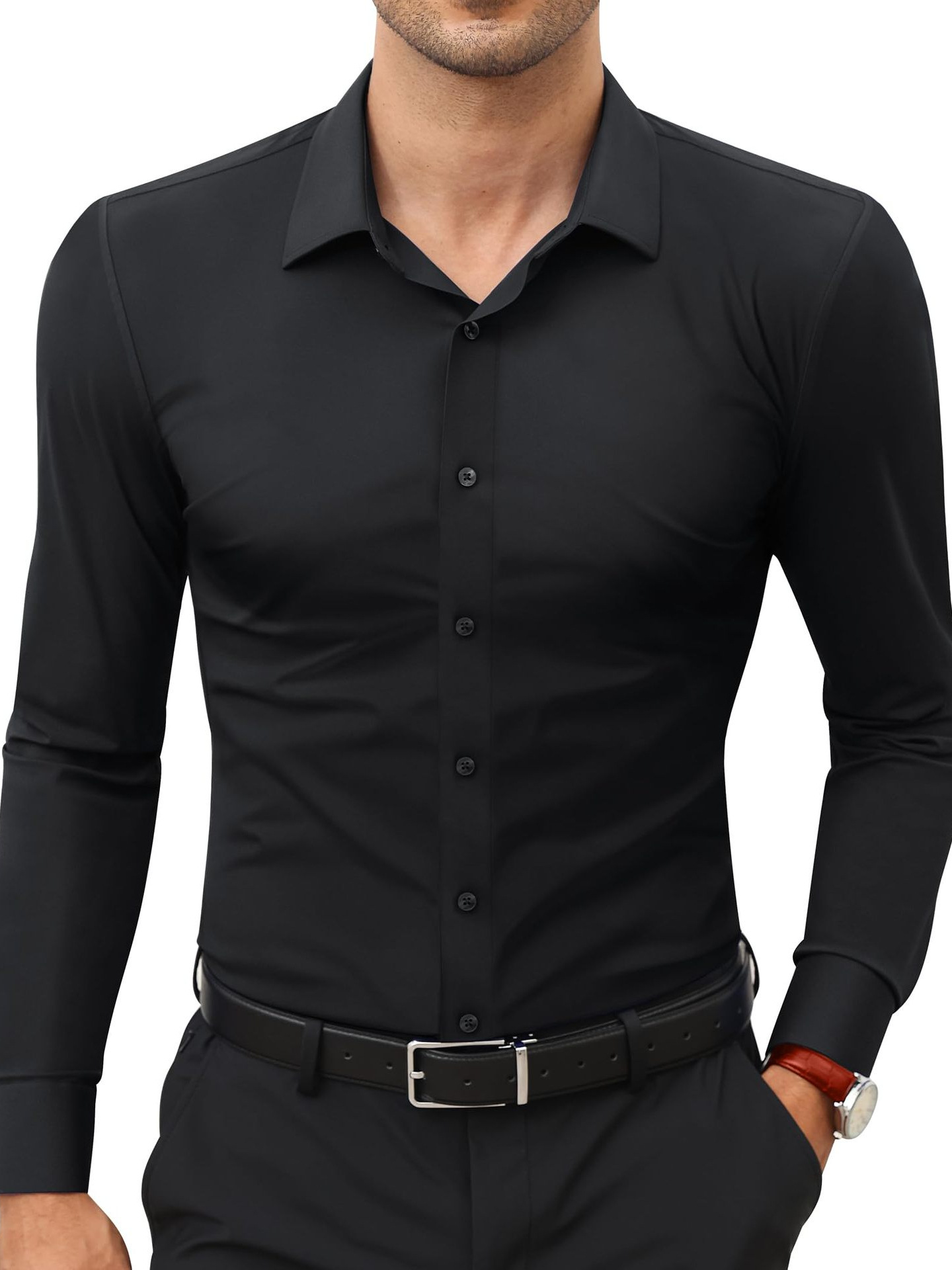 Non-Iron Four-Way Stretch Shirt Men's Business Casual Long Sleeve Solid Color European Size Shirt For Men Ready Stock