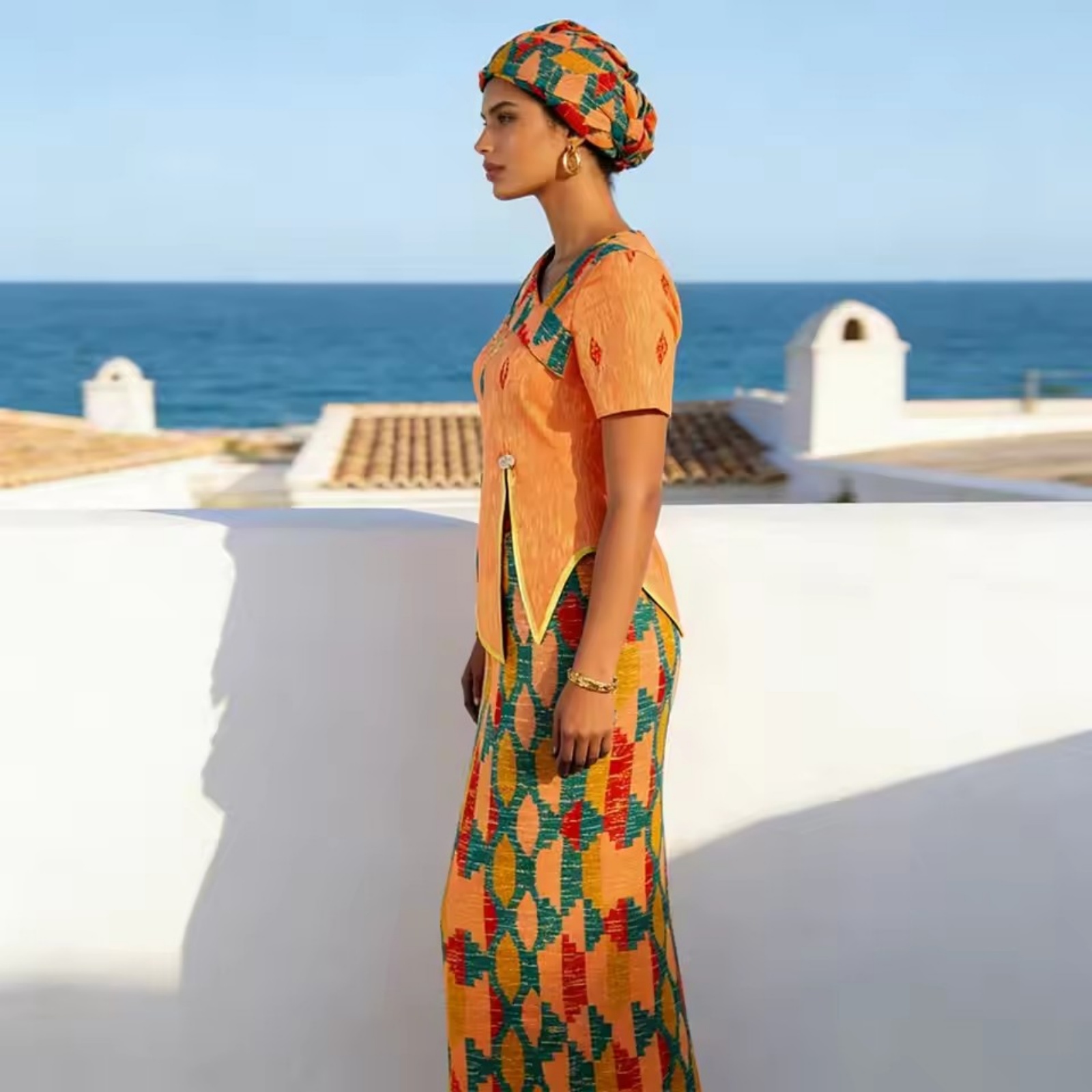 African Women Plus Size Cotton Summer Wedding Skirt Set with Short Sleeves Slim Fit Gown and Headwrap 2526056