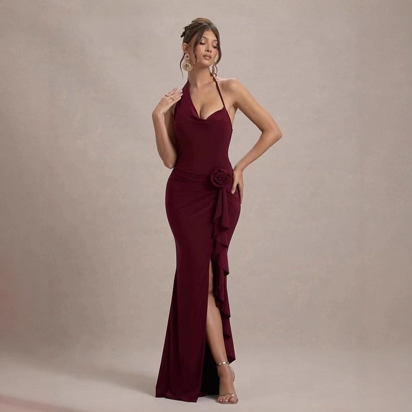 Sexy Niche Irregular Hanging Neck Slim Split Formal Evening Dress Women's Wholesale Quick Dry Polyester Spandex
