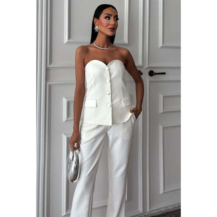 Sobe Women's ECRU Satin Suit Set Two Piece Blazer Pants Formal Wear with Needle Detection Model 10024