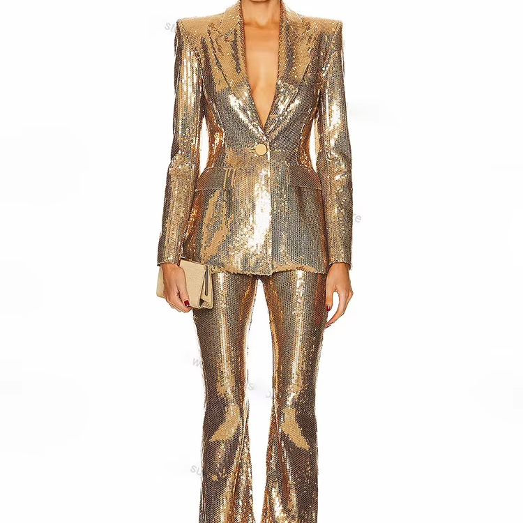 New Trendy High Quality Women's Formal Office Party Wear Eco-Friendly Solid Blazer Skinny Fit Two-piece Suit Long Jacket Pants